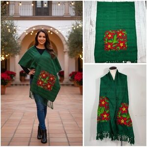Mexican Embroidered Green Wrap Pashmina with Red Poinsettia Flowers